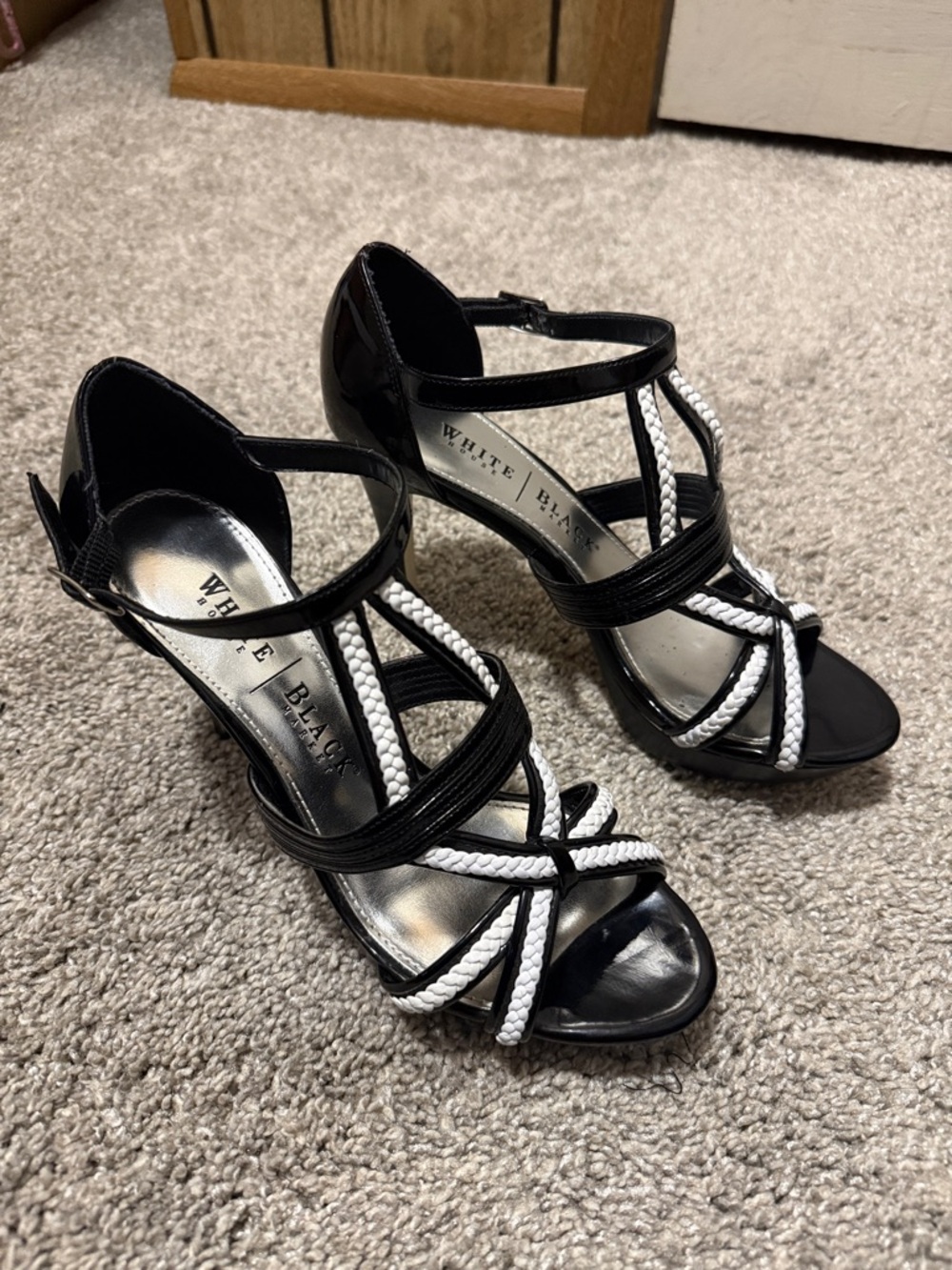 White House Black Market Black and White Braided Strap Heels